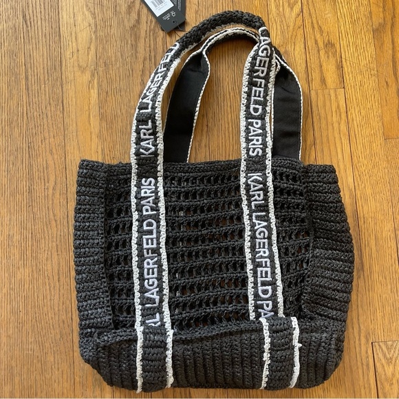 Karl Lagerfeld Antibes Straw Tote Beach Bag Logo Strap Black NWT - Picture 4 of 7